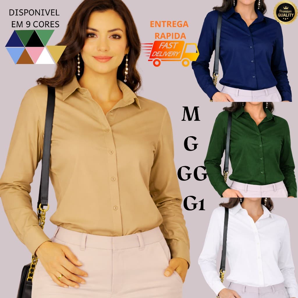 Camisa Femenina Lisa Formal Manga Longa  M G GG G1