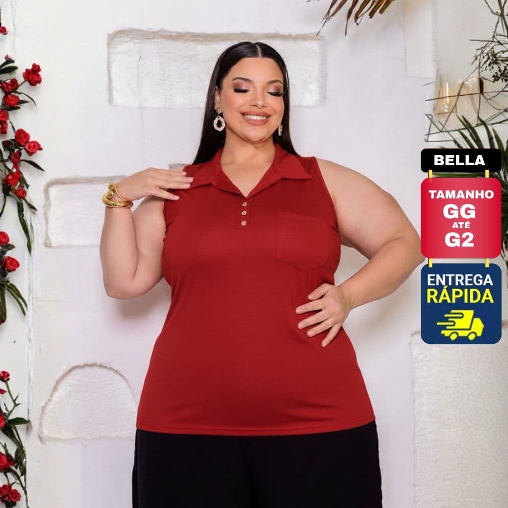 Blusa Regata Plus Size Feminina com Gola Colarinho Polo Botão Dourado