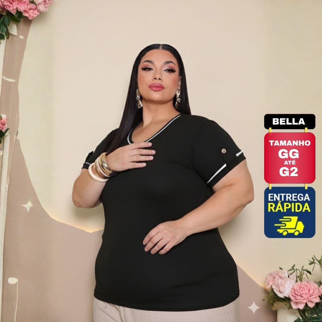 Blusa Plus Size Feminina Viscolycra Premium Básica Chic Detalhe na Manga e Gola Redonda do GG ao G2