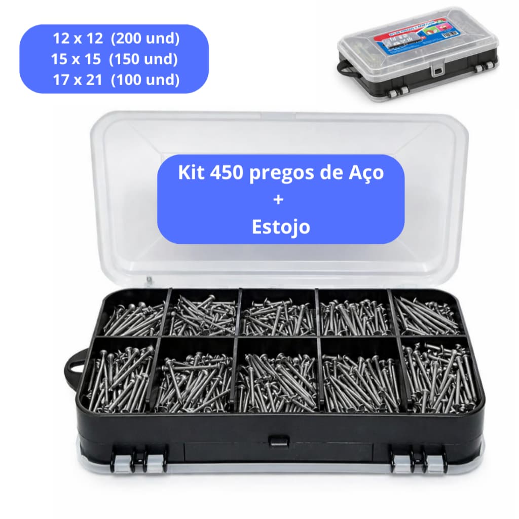 Kit 450 Pregos Polido Com Cabeça + Estojo Organizador Diversos Tamanhos Uso Profissional Oferta