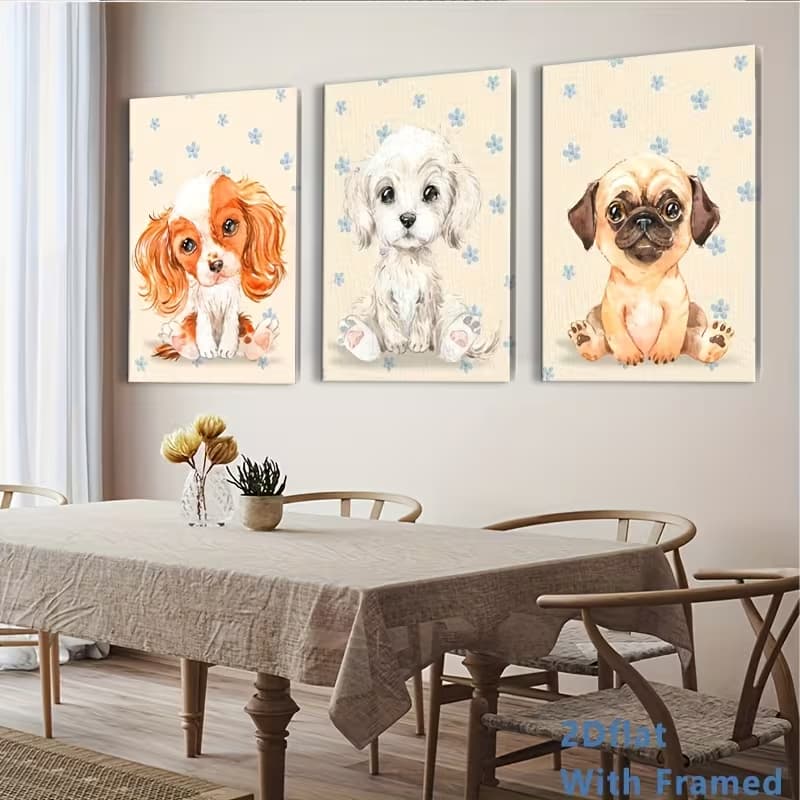 Quadro Decorativo Trio de Filhotes de Cachorro Aquarela