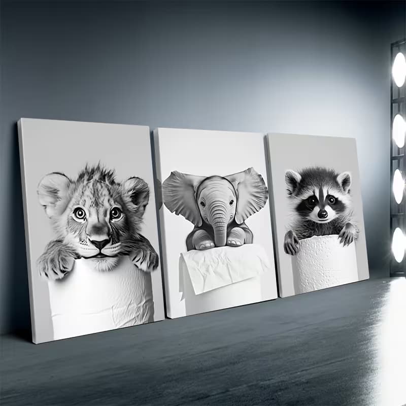 Quadro Decorativo Filhotes Leão Elefante Guaxinim Curiosos P&B