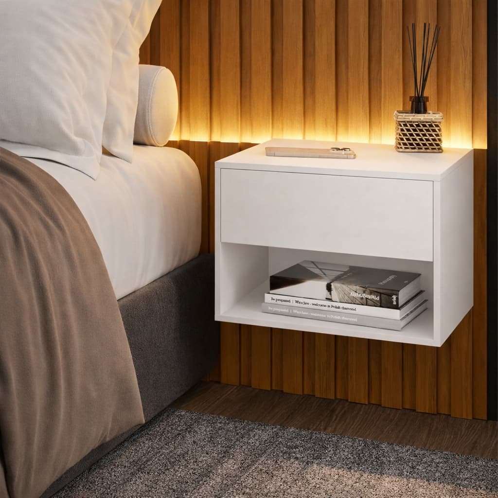 Mesas De Cabeceira Suspensa C/ Gaveta E Nicho Para Quarto Cores Preto Cinza Off-White