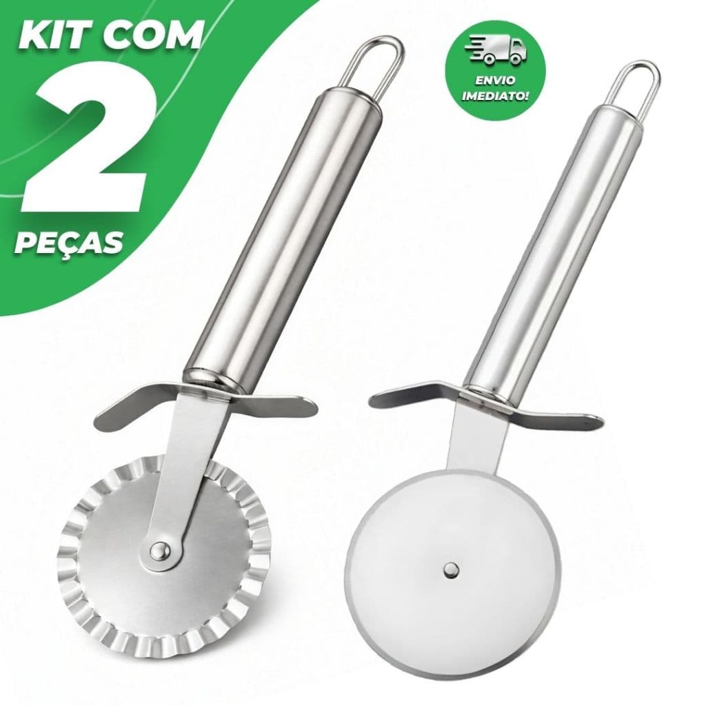 Kit 2 Peças Cortador de Pizza + Cortador de Pastel Inox Carretilha Corta e Fecha Massa