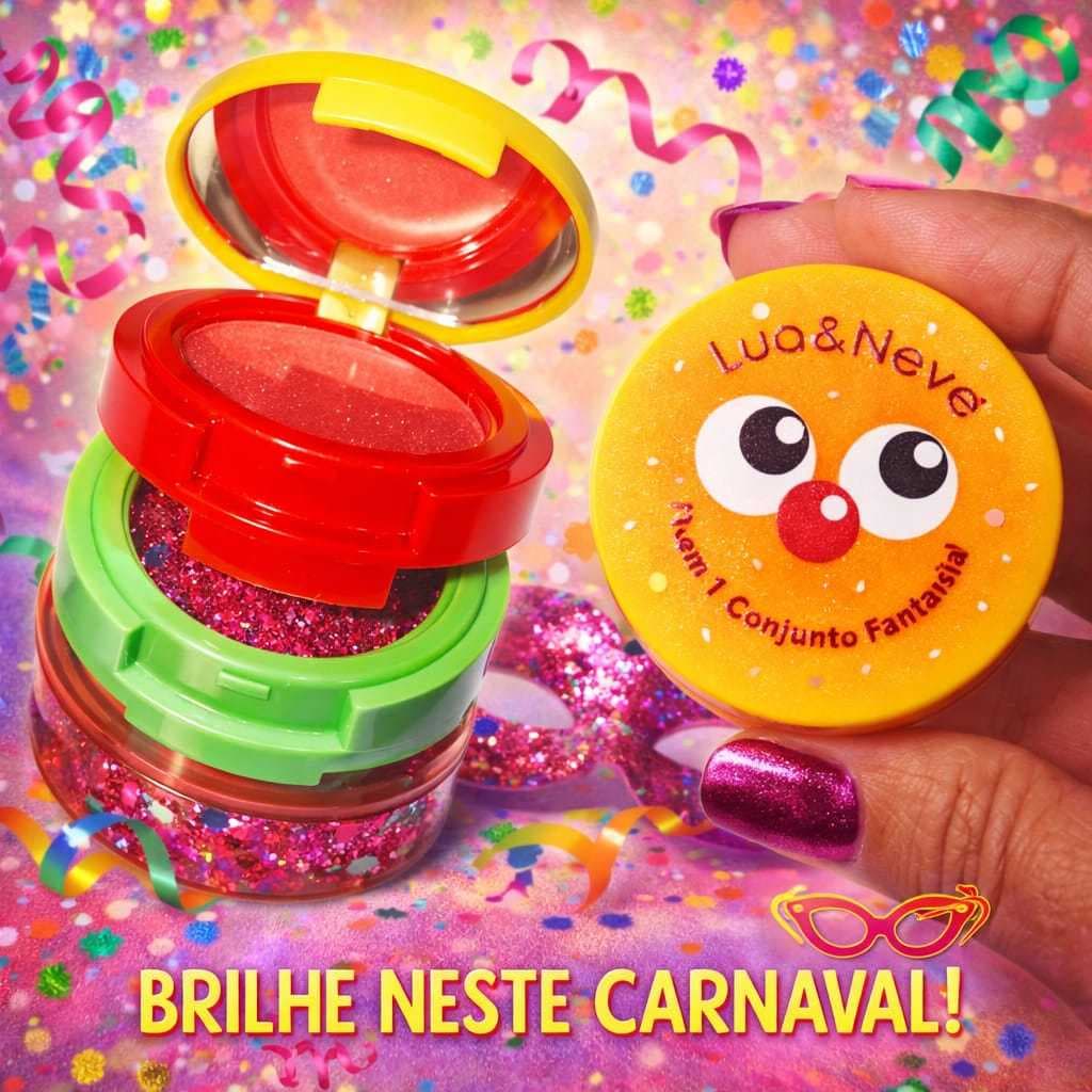 Estojo 3 em 1 Fantasia (Batom Matte, Blush + Sombra Glitter + Espelho) Lua e Neve