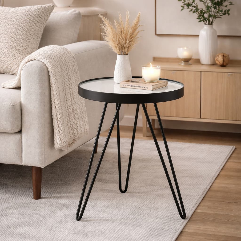 Mesa Lateral Espelhada Base De Aço Tampo Em MDF Para Sala