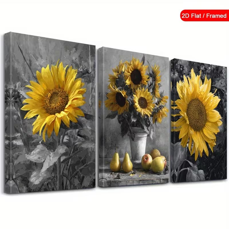 Quadro Decorativo Girassóis Amarelos sobre Fundo Preto e Branco