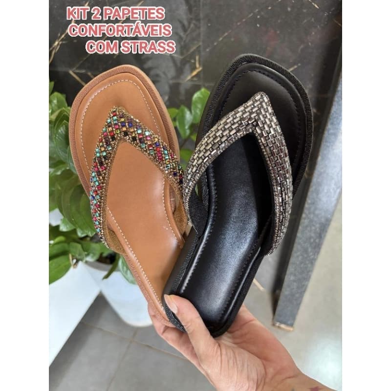Kit com 2 Papete Feminina Rasteirinha com Strass Confortável