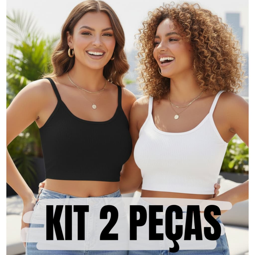 Kit 2 Top Cropped Canelado Básico Feminino Regata Alcinha Com Bojo Moda Gringa Sensual Envio Imediato
