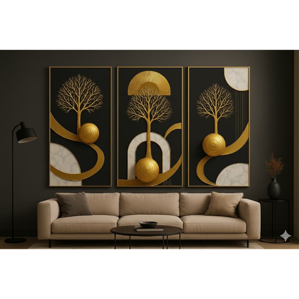 Quadro Decorativo Mosaico 3 Peças Árvore da Vida Dourado Luxo Moderno para Sala e Quarto