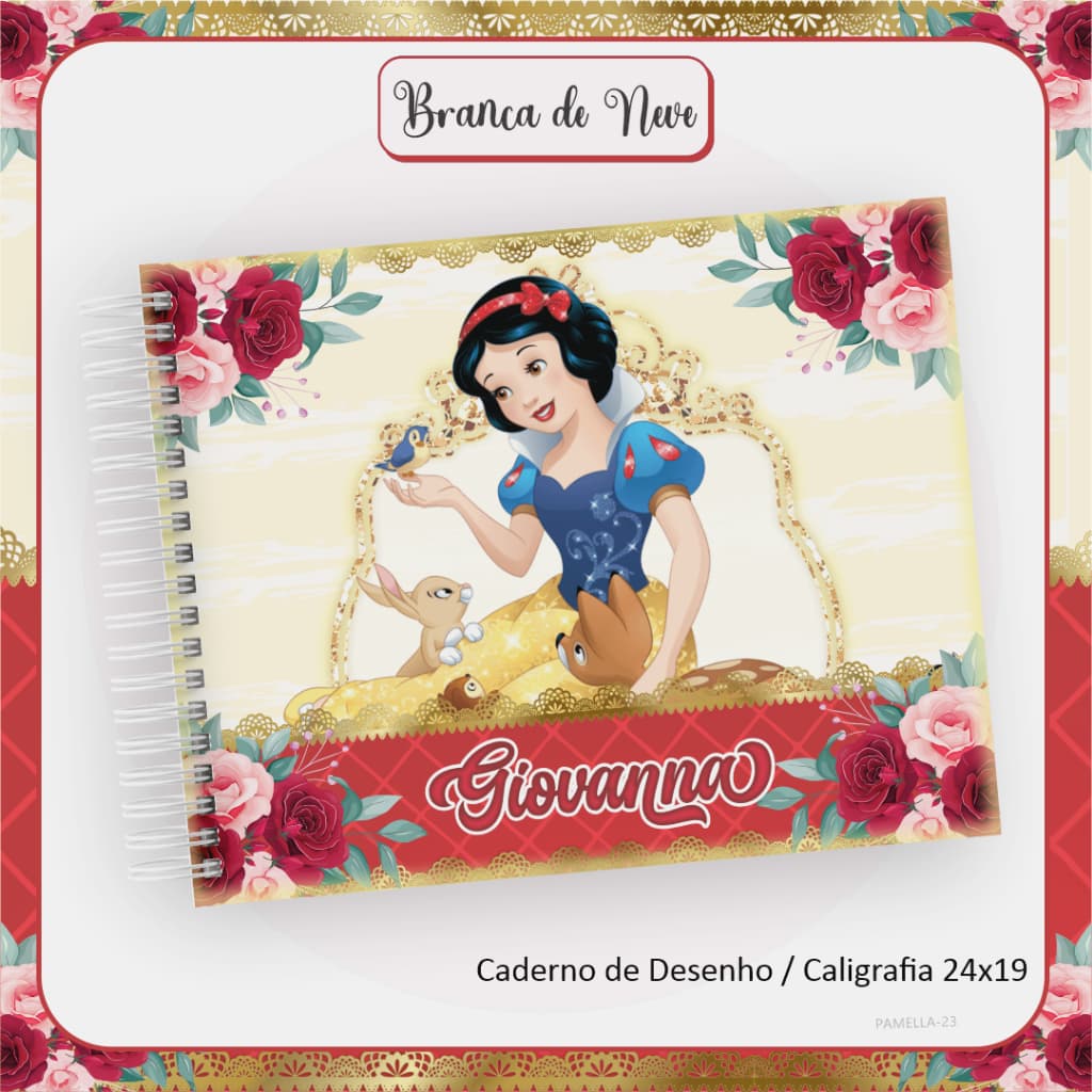 Caderno de Desenho OU Caderno Meia Pauta OU Caderno de Caligrafia BRANCA DE NEVE 2 Personalizado com Nome - ESCOLHER