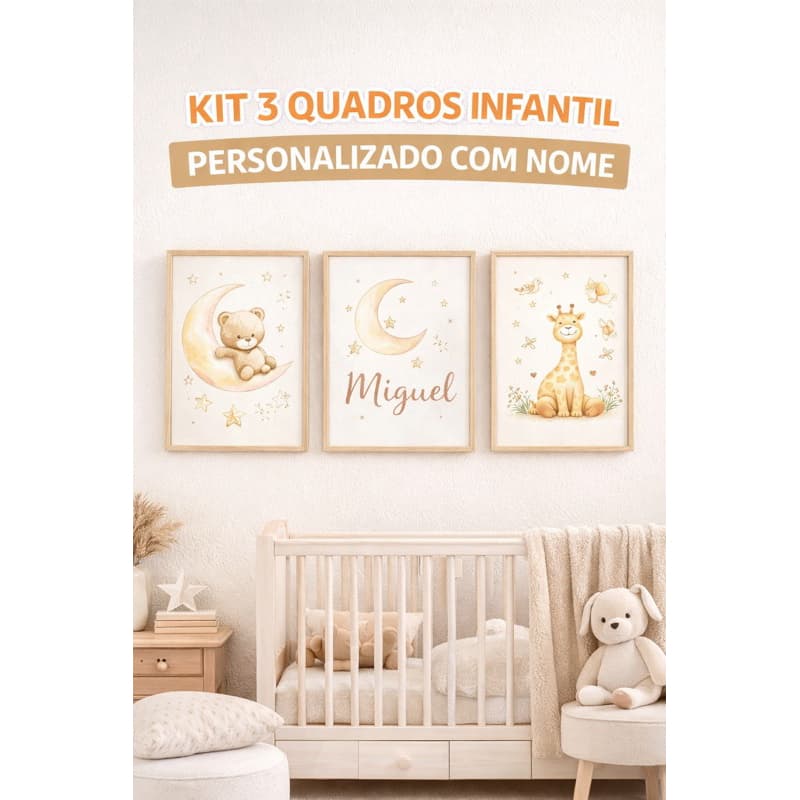 Kit 3 Quadros Infantil Personalizado Nome Decoração Quarto Bebê