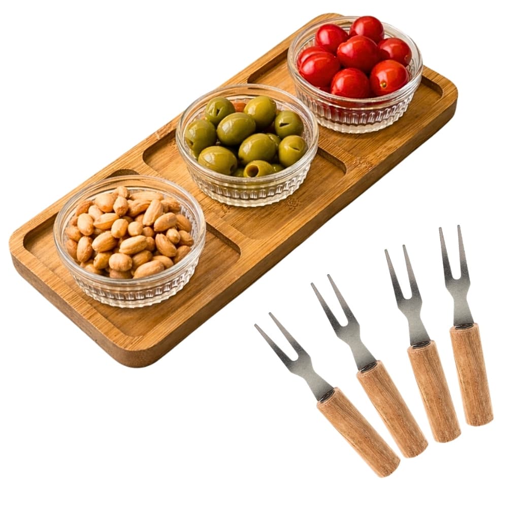 Kit Petisqueira de Bambu Tábua de Frios Mesa Posta Kit Petiscos 3 Peças