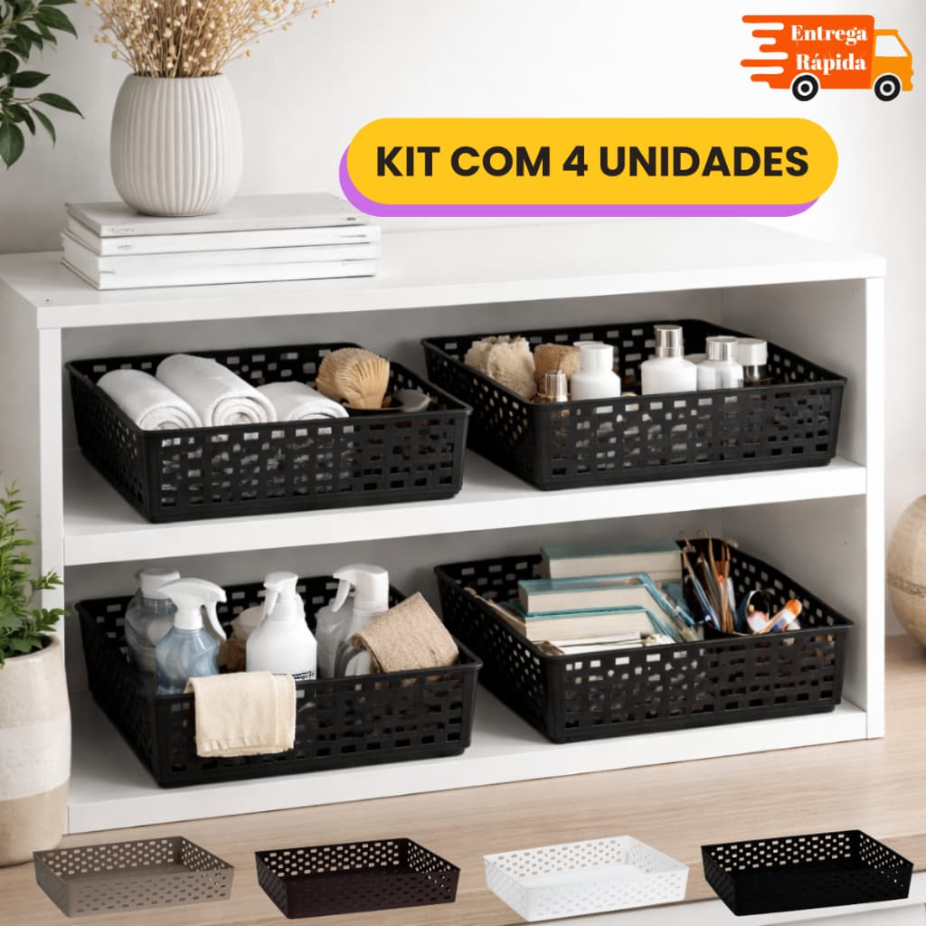 Kit 4 Cestas Organizadoras Multiuso 5,5L Bandeja Cozinha Banheiro Escritório Armário Porta Documento