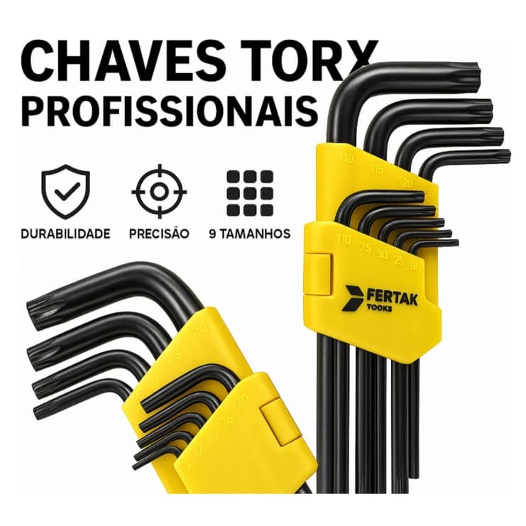 Jogo de Chave Torx 9 Peças Fertak T10 a T50 Aço Resistente Profissional