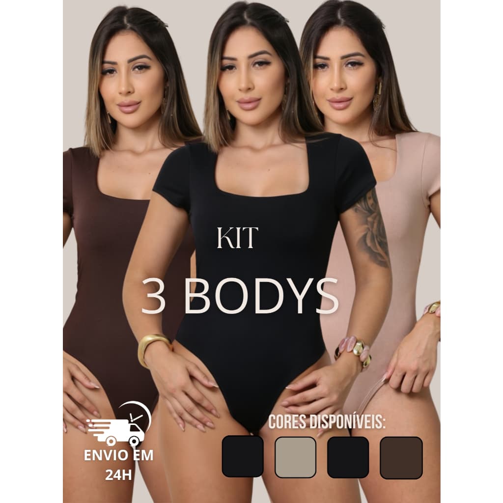 Kit 3 Body Feminino Manga Curta Suplex Decote Quadrado Básico Forro nos Seios Moda Verão Tendência Premium