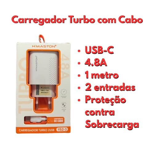 Carregador Turbo Rápido 2USB Cabo 4.8A Hmaston USB Tipo C