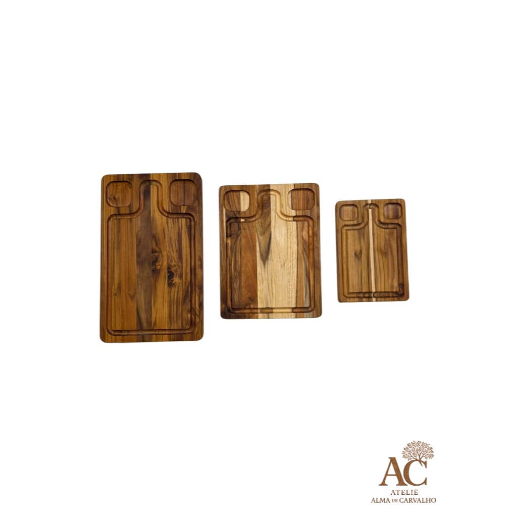 Kit 3 Tábuas de Carne Madeira Maciça Teca com Molheiras Artesanais para Churrasco Cozinha Cortes e Petiscos
