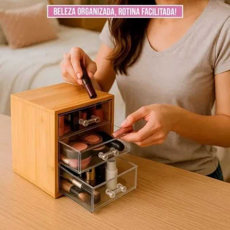 Organizador de Maquiagem Acrílico com Bambu 3 Gavetas | Porta Cosméticos, Joias e Cílios | Resistente e Multifuncional