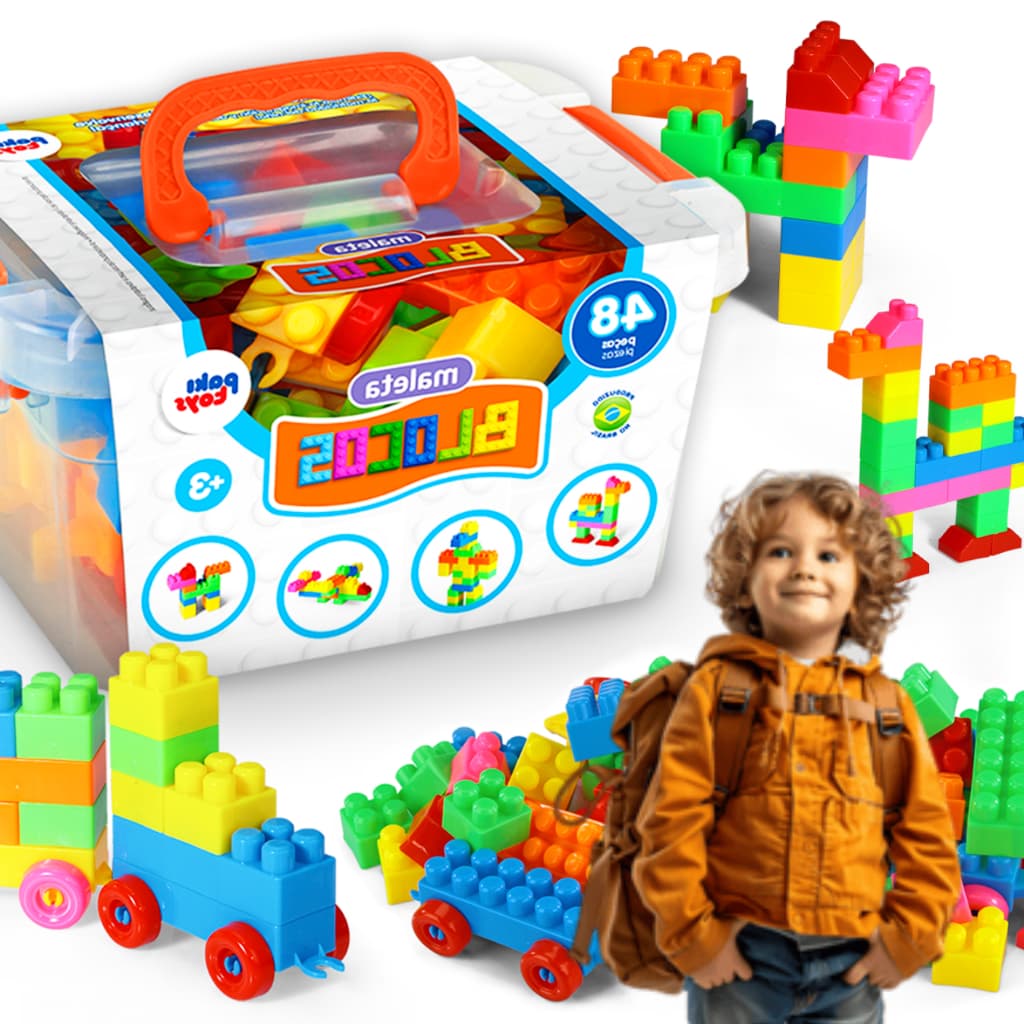 Blocos de Montar Coloridos 48 Peças Infantil Brinquedo Maleta Didático Educativo Desenvolvimento Cognitivo