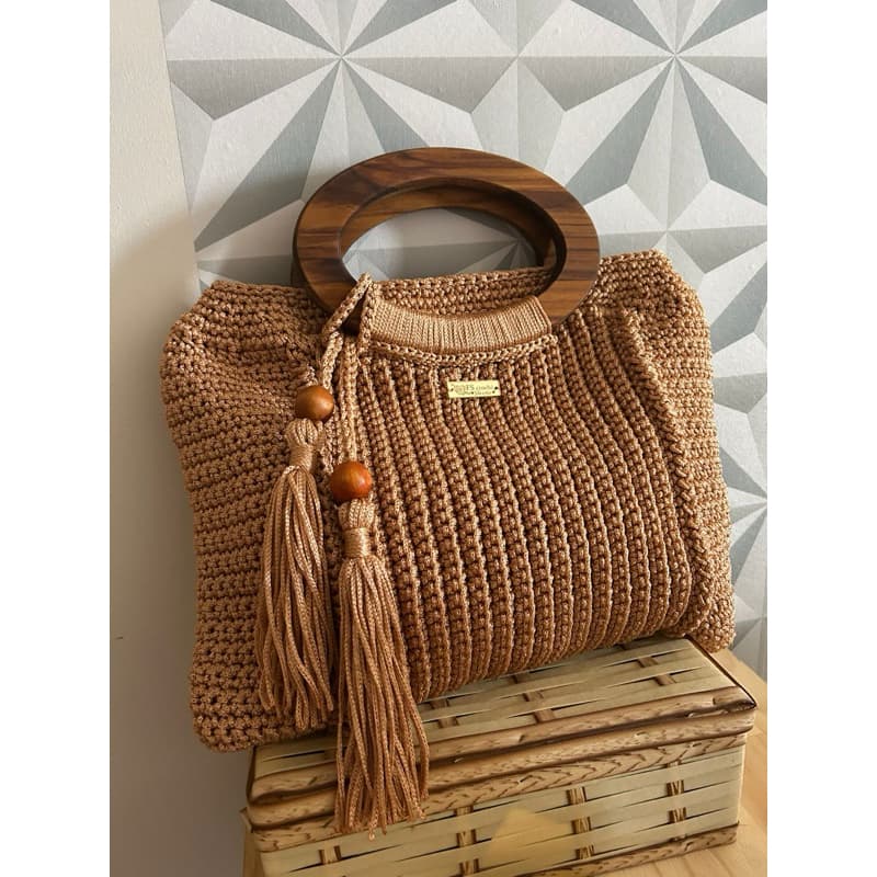Bolsa Feminina em Crochê Premium Estilo Boho- Alça de Madeira e Forro Interno - Exclusividade Artesanal Tamanho G
