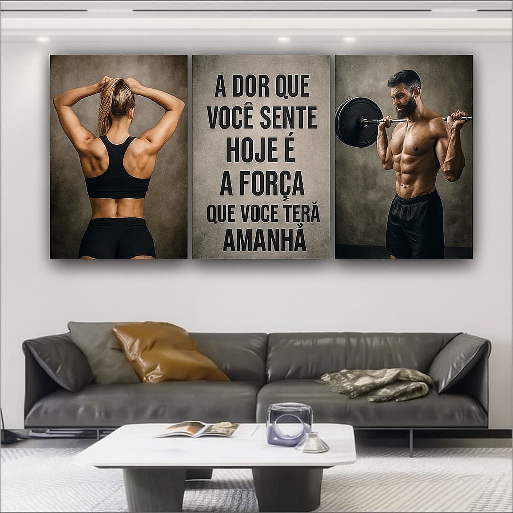 Kit 3 Quadros Decorativos Fitness Academia Musculação Frase Motivacional Treino
