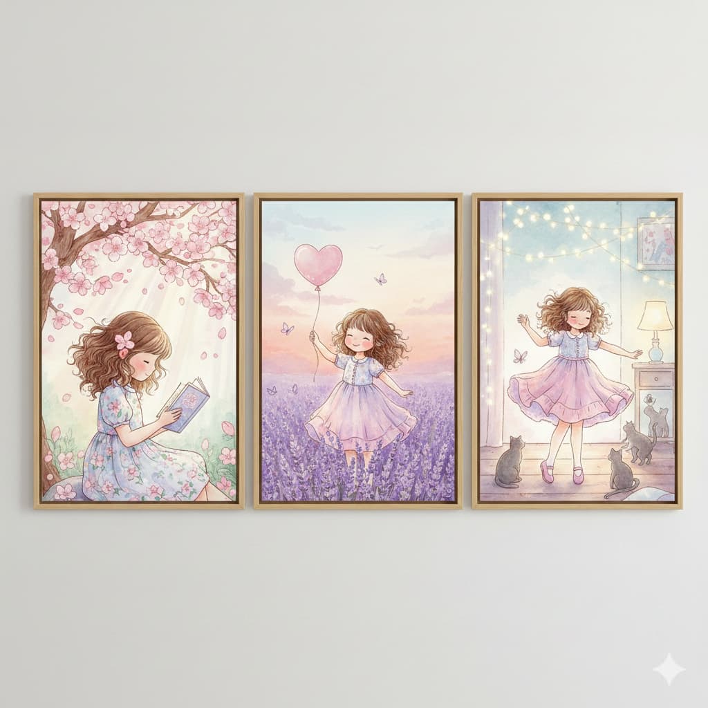 Kit 3 Quadros Menina Gatinhos Decoração Infantil Quarto Bebê Flor Aquarela