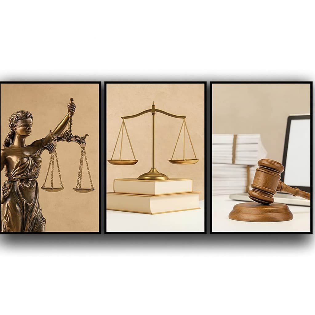 Kit 3 Quadros Símbolos da Justiça Lei Decoração Escritório Advocacia Advogadio