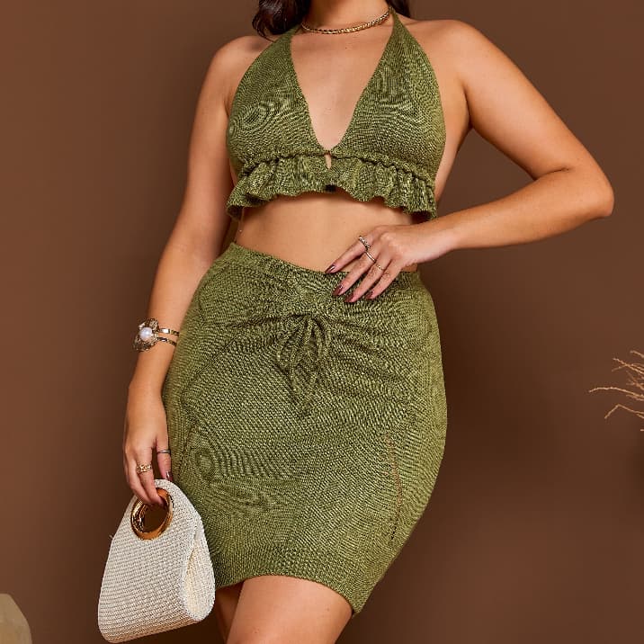 Conjunto Feminino Tricot Top Cropped Babado Saia Curta Cordão Ajustável Moda Feminina Verão 2 Peças
