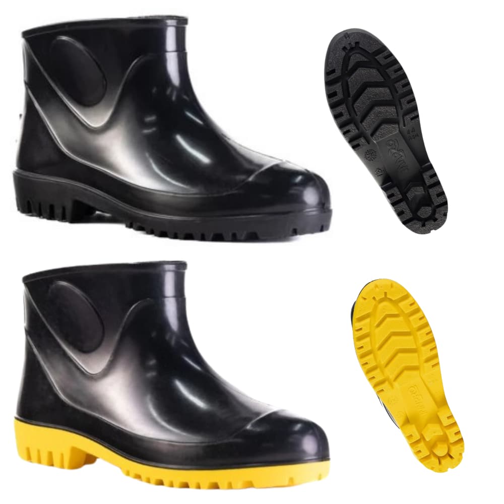 Bota Galocha de PVC Impermeável Antiderrapante Preta/Amarela Cano Curto uso Profissional, Açougue, Pesca, Construção