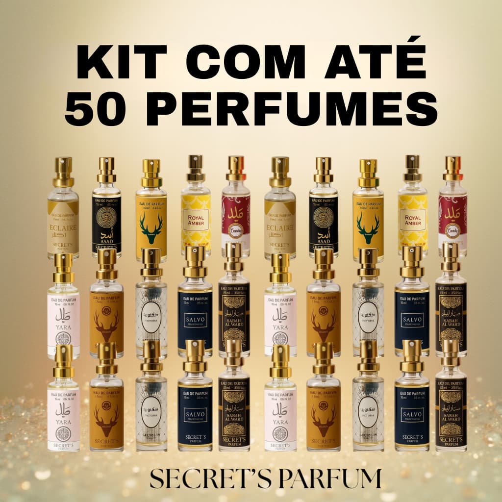 Kit até 50 Perfumes Árabes Secret’s 15ml - Luxo, Elegância, Alta Fixação, Longa Duração e Projeção