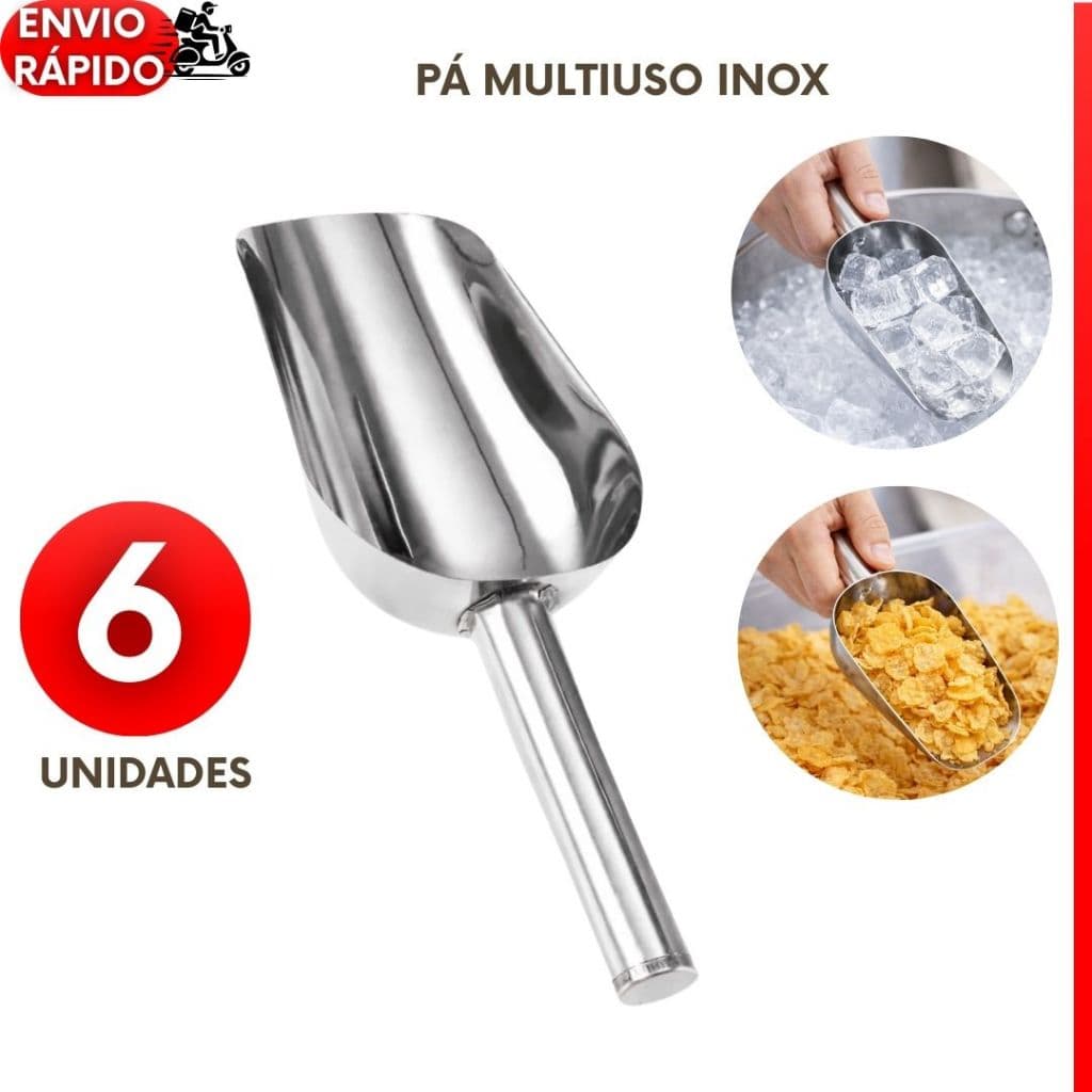 Kit 6 a 2un Pá Pegador Multiuso Para Cereais Gelo Ração Produtos a Granel Aço Inox Cozinha Restaurantes Profissional