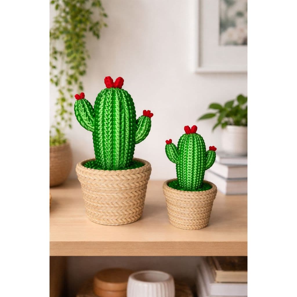 Kit 2 Cactos Decorativos Tricô 3D com Vaso | Decoração para Sala e Escritório