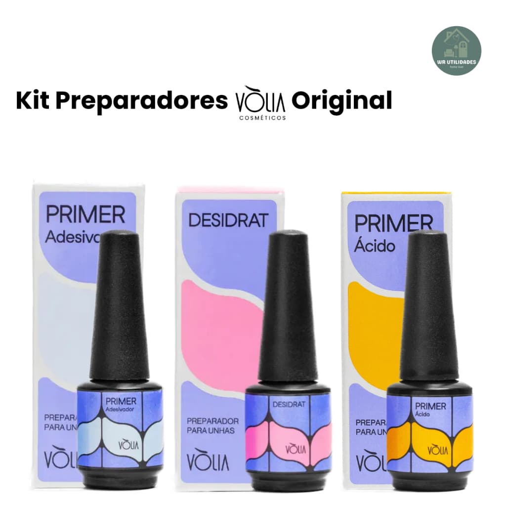 Kit Volia Preparador Unha Desidrat 9ml + Primer Com Acido 10ml + Primer Adesivador Sem Acido Original Imediato
