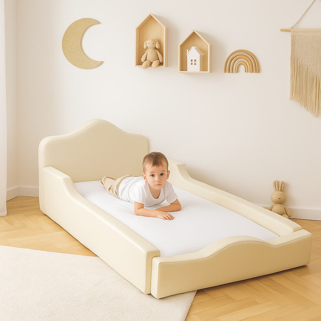 Mini Cama Infantil Espumada Montessoriana 150x70cm  Berço Com Grade De Proteção Lateral Estofada com Colchão