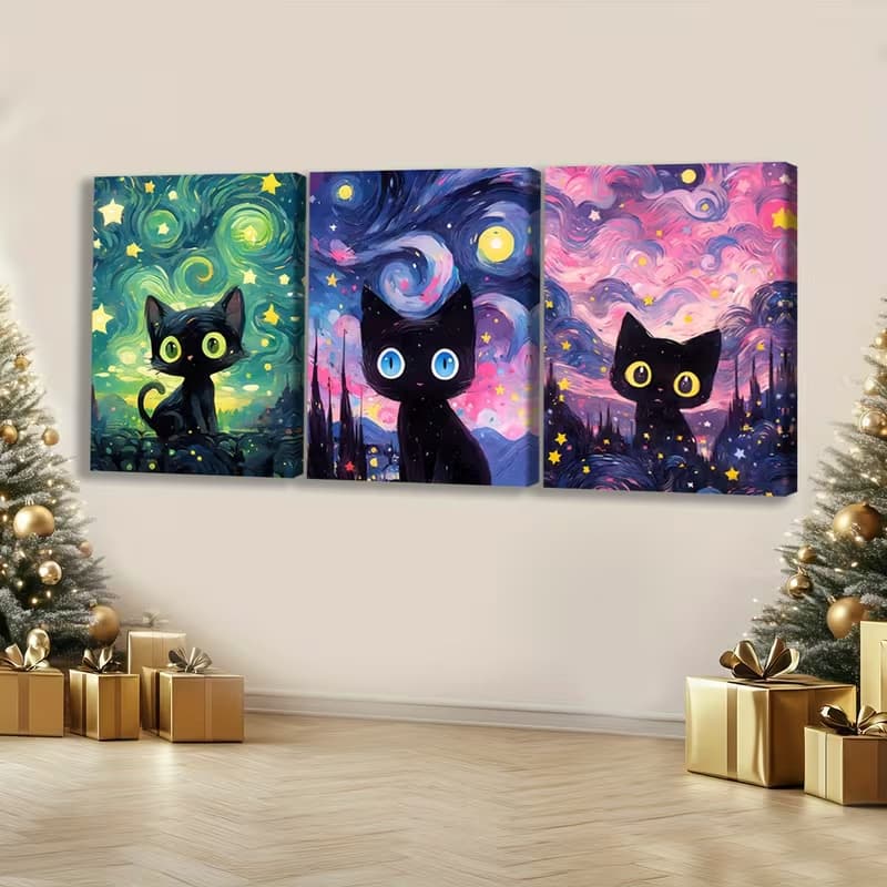 Quadro Decorativo Gatos Pretos e Noite Estelar
