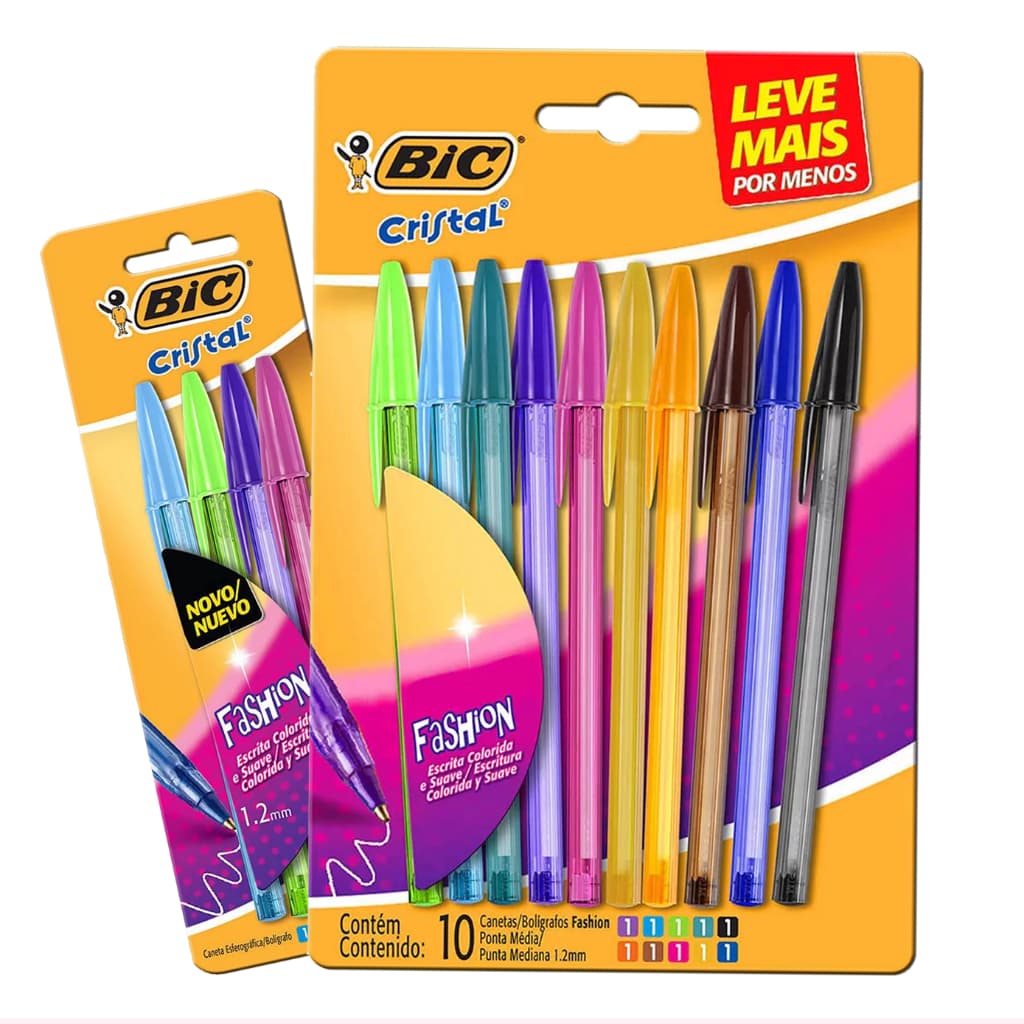 Caneta BIC Cristal Fashion Colorida – Ponta Média 1.2mm | Kit 4 ou 10