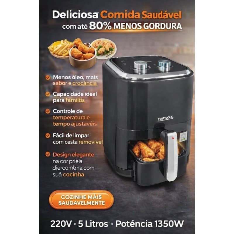 Fritadeira Eletrica Air Fryer 5 Litros Preto Sem Oleosidade Cozinha Rapida Saudavel 220v