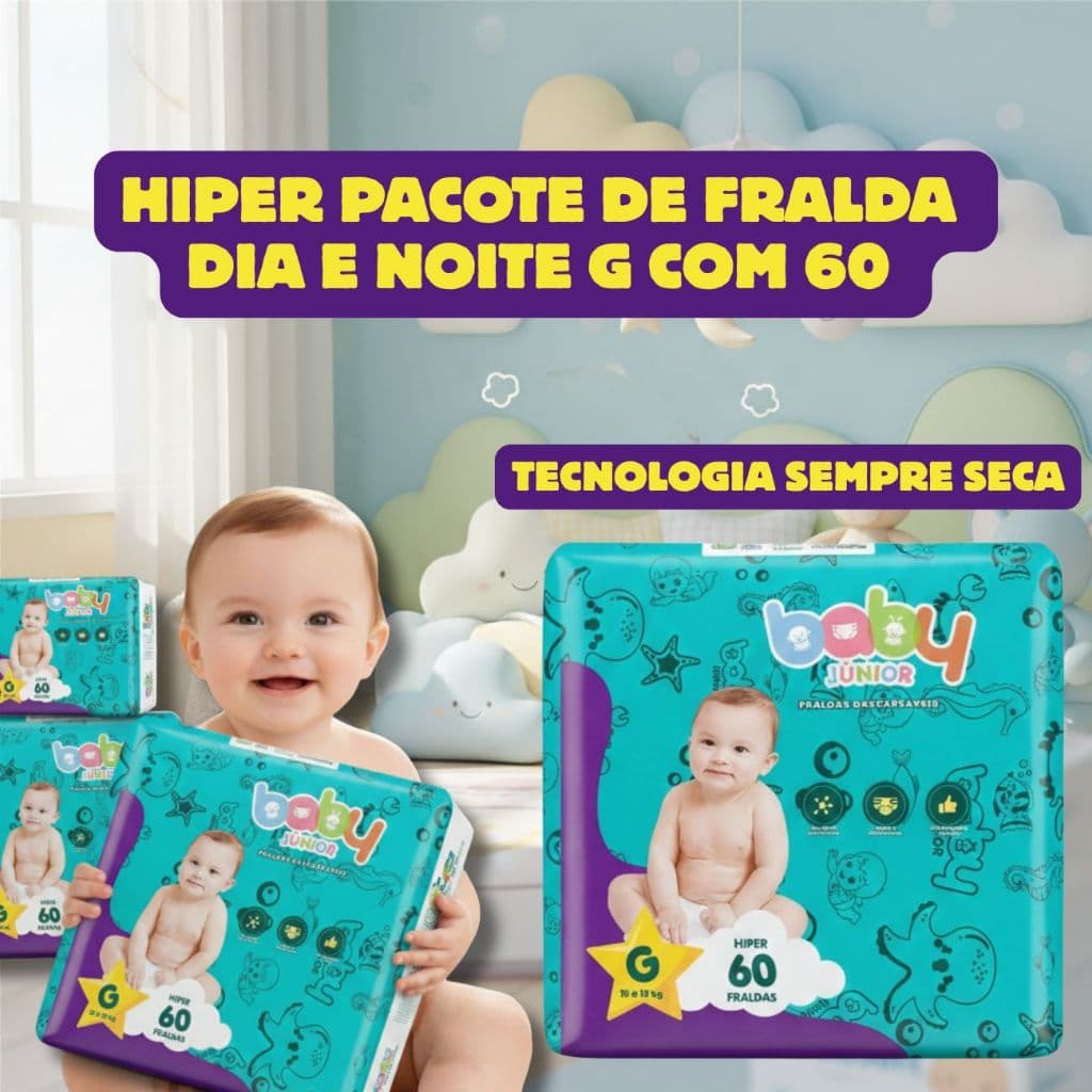 Fralda Baby Junior G Com 60 Unidades Atacado Direto da Fábrica - Barata Dia e Noite Pronta Entrega