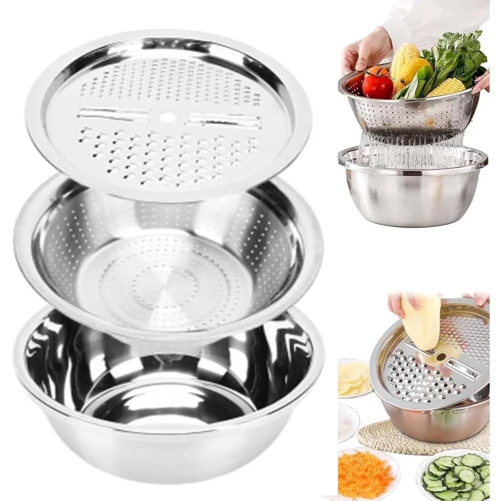 Conjunto De Tigela De Aço Inoxidável Escorredor E Cortador Bacia 3 em 1 Aço Inox com Ralador e Escorredor