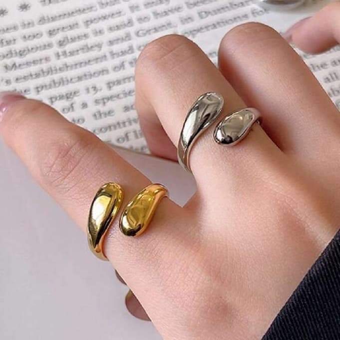 2 Peças Anéis Geométricos Abertos Ajustáveis Minimalista de Metal em Formato Gota d''Água Feminino