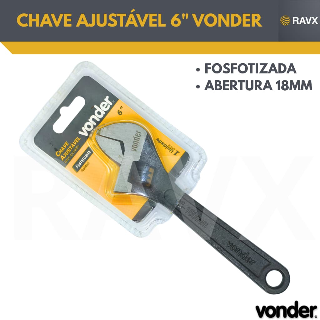 Chave Inglesa Ajustável 6” Vonder – Fosfatizada – Aço Carbono – Abertura até 18mm