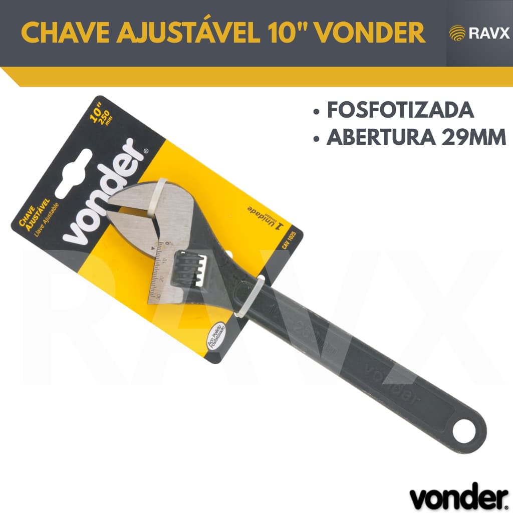 Chave Inglesa Ajustável 10” Vonder – Fosfatizada – Aço Carbono – Abertura até 29mm