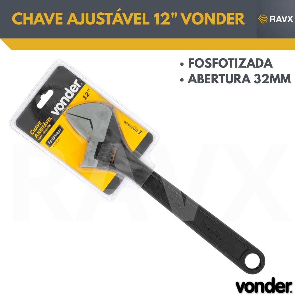 Chave Inglesa Ajustável 12” Vonder – Fosfatizada – Aço Carbono – Abertura até 32mm