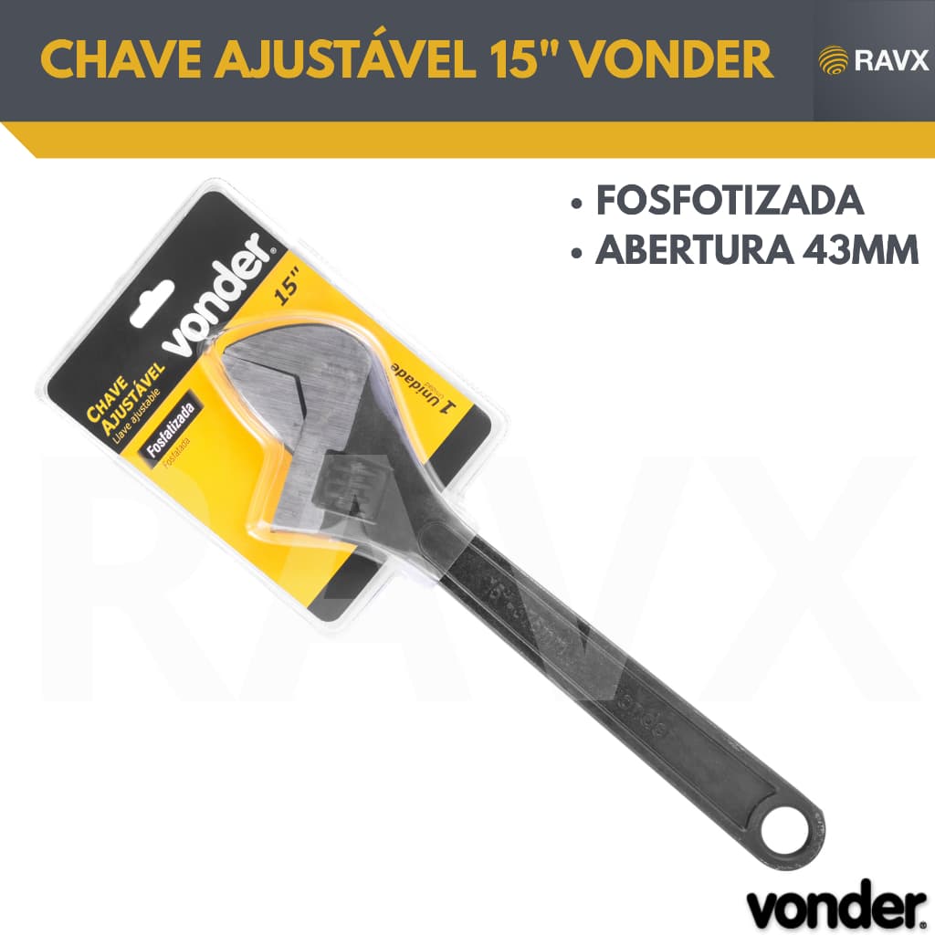 Chave Inglesa Ajustável 15” Vonder – Fosfatizada – Aço Carbono – Abertura até 43mm