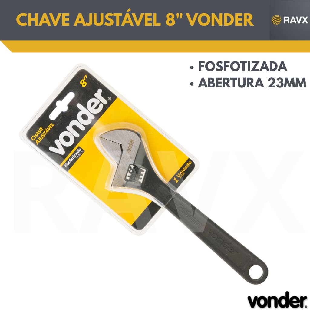 Chave Inglesa Ajustável 8” Vonder – Fosfatizada – Aço Carbono – Abertura até 23mm