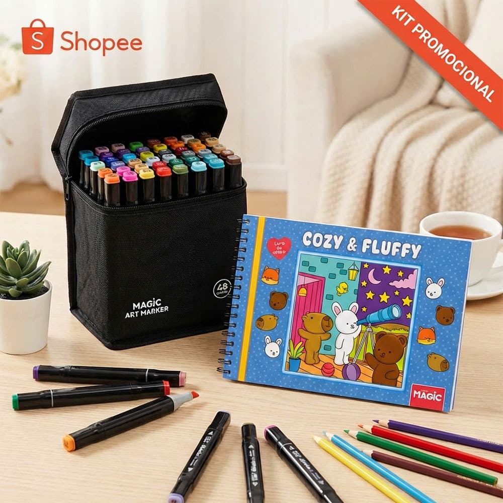 KIT ARTE COMPLETO 48 Canetas PONTA DUPLA + LIVRO de COLORIR COMFY FLUFFY CAPA DURA Envio Imediato Original