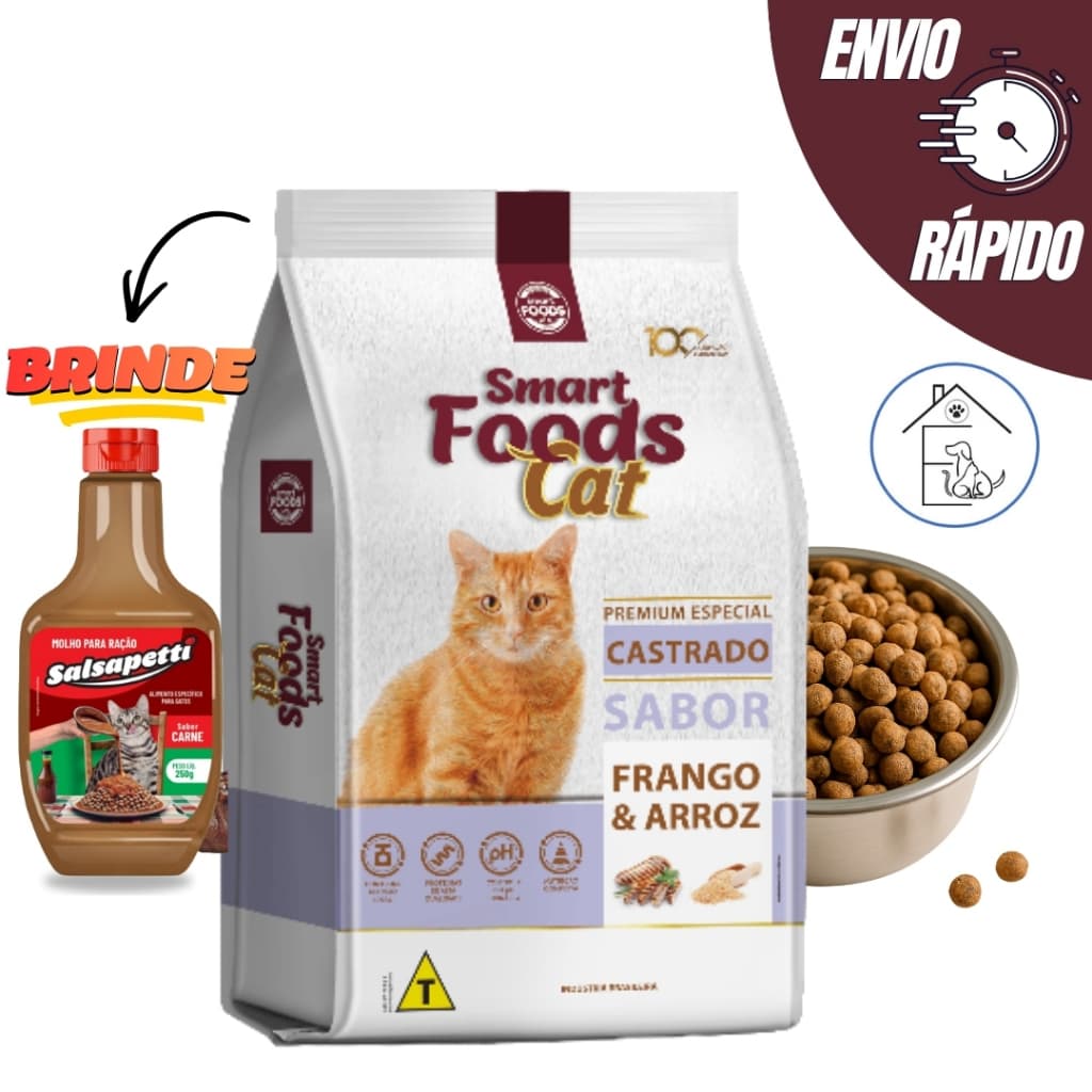 RAÇÃO SMART FOODS CAT ALIMENTO GATOS CASTRADOS 10,1KG FRANGO & ARROZ + MOLHO CREMOSO SALSAPETTI 250G