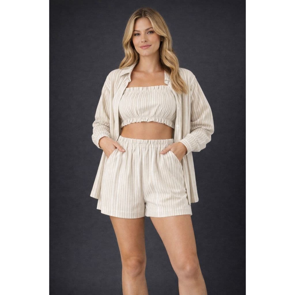 Conjunto Trijunto 3 Peças Algodão AMPLY Feminino | Camisa + Top + Short | Confortável