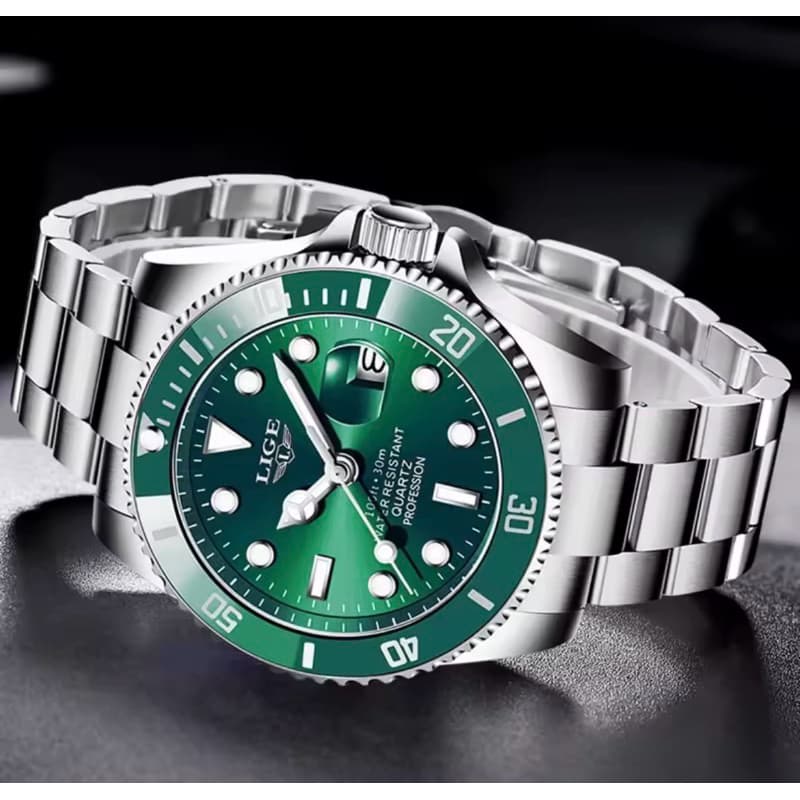 Relógio Masculino LIGE LG10045 Luxo Aço Inoxidável Quartzo Calendário Resistente à Água Premium Verde Preto Submariner
